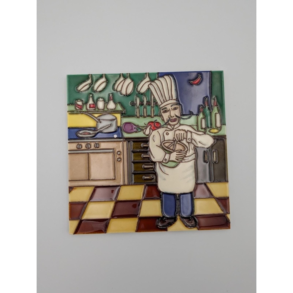 Vintage Italian Tile Chef 8 x 8 Ceramic Wall Tiles / Trivets w/Stand Set of 4 - Picture 3 of 12
